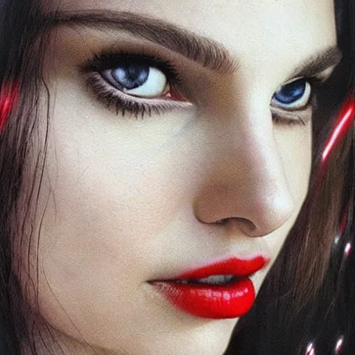 Image similar to “Natalie Portman portrait, red black white colors, long white hair, space on the background, red eyes”