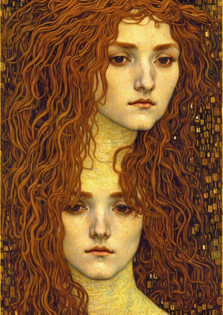 Image similar to detailed realistic beautiful young medieval queen face portrait by jean delville, gustav klimt and vincent van gogh, art nouveau, symbolist, visionary, gothic, pre - raphaelite, muted earthy colors, desaturated