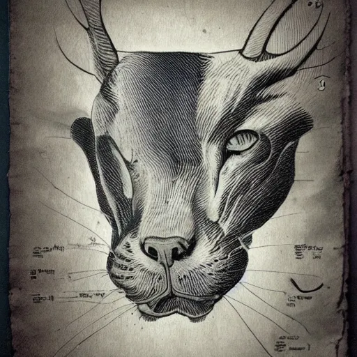 Image similar to siamese cat cow hybrid, anatomical drawings, lovecraftian, old paper manuscript, fineline detail, cinematic quality, high octane