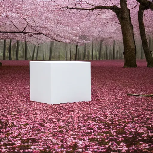 Prompt: photograph of a white concrete cube sitting in the middle of a cherry blossom forest clearing, foggy, liminal