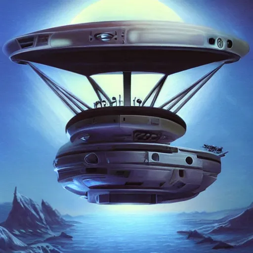 Image similar to By Jim bush and ed repka, air brush illustration of a vintage alien ship landing on an alien planet, retro futuristic, science fantasy, symmetry accurate features, very intricate details, artstation