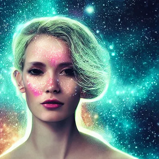 Prompt: woman portrait made out of galaxies floating in space, highly detailed, beautiful, realistic, comic book art, octane render