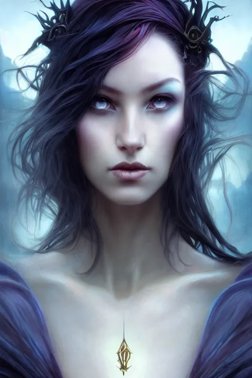Image similar to seductive looking sorceress prays!!! magic the gathering, windy hair!, surreal dark fantasy, cinematic volumetric lights, portrait, dnd, intricate, elegant, highly detailed, digital painting, artstation, concept art, smooth, sharp focus, illustration, art by artgerm and tom bagshaw and greg rutkowski and alphonse mucha