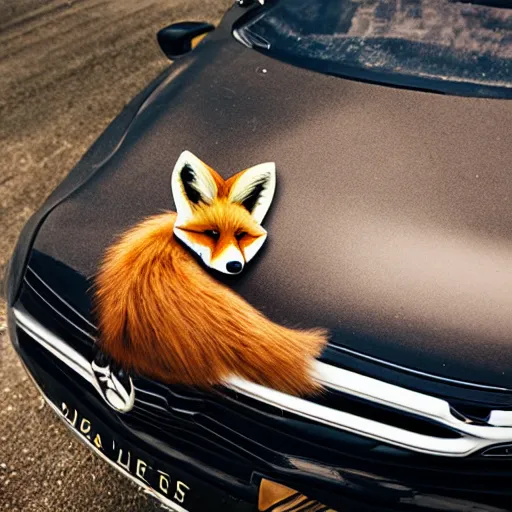 Prompt: curled up fox on a car's hood, award winning photography