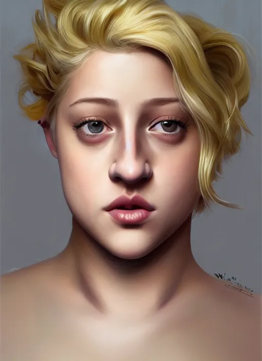 Image similar to full body portrait, teenage lili reinhart, blonde hair, obese, bangs, ponytail, sultry, realistic, sultry, fluffy bangs, shirt, curly bangs, fat, belly, intricate, elegant, highly detailed, digital painting, artstation, concept art, smooth, sharp focus, illustration, art by wlop, mars ravelo and greg rutkowski