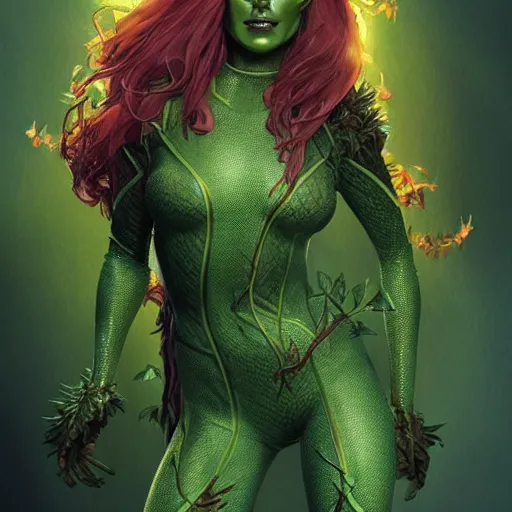 Image similar to full figure ultra realistic illustration, evan rachel wood as poison ivy wearing futuristic armor made of plants, highly detailed, digital painting, artstation, concept art, smooth, sharp focus, illustration, art by artgerm and greg rutkowski and alphonse mucha