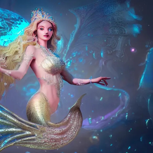 Prompt: portrait of mermaid princess, glowing, ornate and intricate jewelry, jaw dropping beauty, glowing background lighting, white accent lighting, hyper detailed, fairy tale, 4 k octane render