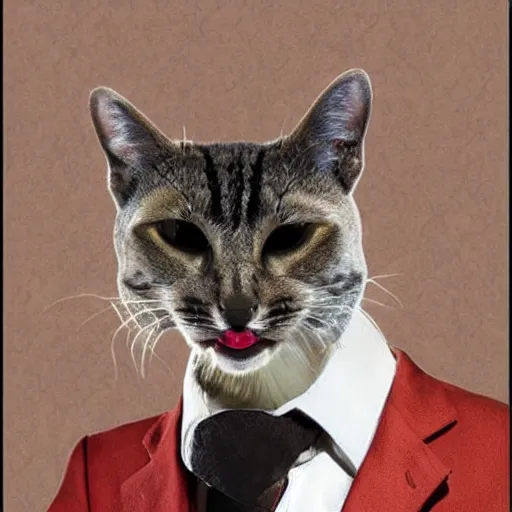 Image similar to an antropomorphic cat wearing a suit smoking a cigar