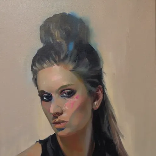 Image similar to a feminine version of female bill maher jeremy mann painting