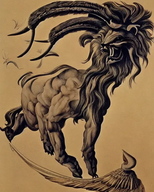 Image similar to a creature with the body and eyes of a man, with the beak of an eagle, the mane of a lion, and the horns of an ox. drawn by salvador dali