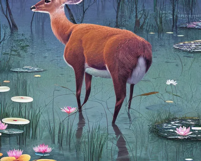 Image similar to a deer spirit walking in shallow water, surrounded by lily pads, digital art, illustrated by james gurney and victo ngai