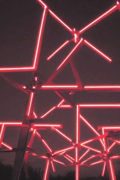 Prompt: Three giant red crosses made out of light beams in the center of a city