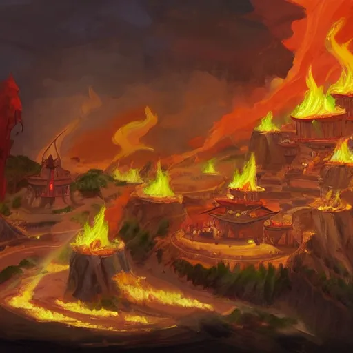 Image similar to concept art painting of a Fire Nation colony on the coast of the Earth Kingdom