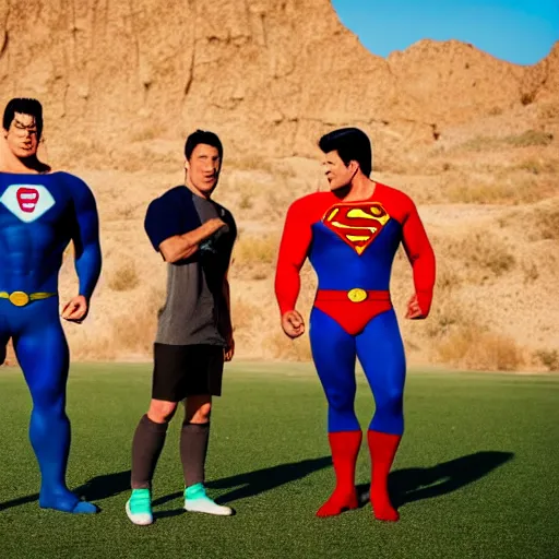 Image similar to supermen and hulk playing soccer together at desert