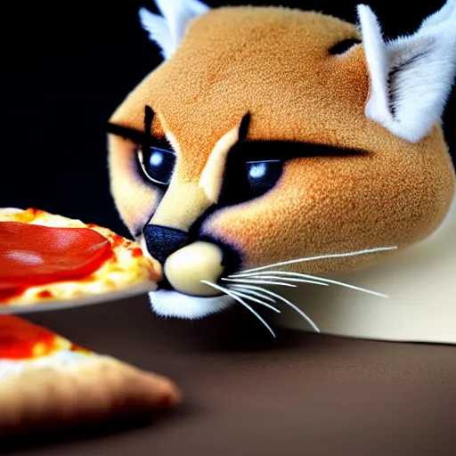 Image similar to a macro photo of cute fluffy caracal toy and a slice of pizza, cheese and pepperoni, hyper realistic, hyper detailed, 35mm, very grainy film, volumetric studio lighting, bokeh, black background award winning shot, vogue magazine, cinematic, 8k, very closeup, elegant, tender, pastel