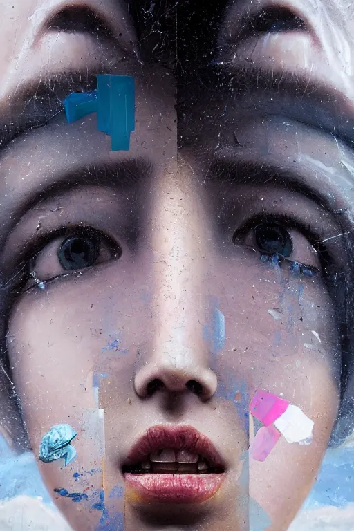 Image similar to 3 d, close - up, smiling fashion model looking up, marble, tears, poster art, intricate oil painting, high detail, figurative art, multiple exposure, poster art, 3 d, by stanley kubrick and tooth wu and wlop and beeple