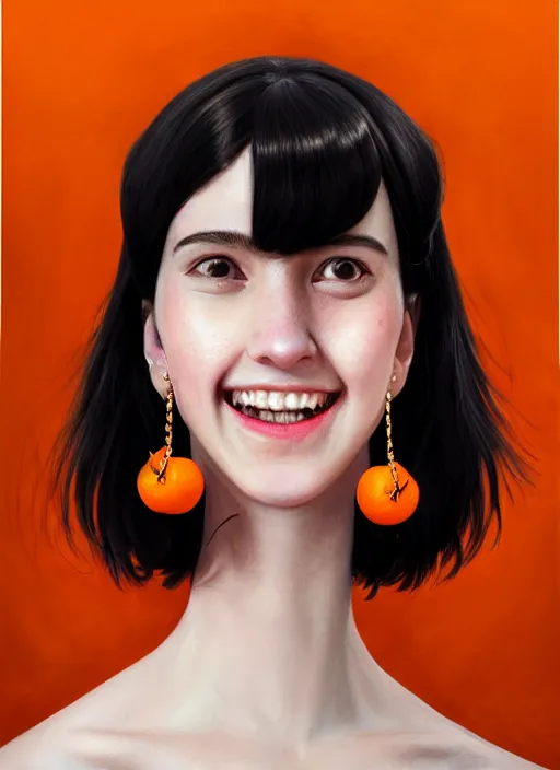 Image similar to portrait of high school girl, realistic, black hair, bangs, half updo hairstyle, pointy nose, skinny, smile, ugly, defined jawline, big chin, orange hair bow, earrings, intricate, elegant, glowing lights, highly detailed, digital painting, artstation, sharp focus, illustration, art by wlop, mars ravelo and greg rutkowski