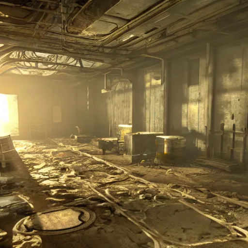 Image similar to fallout concept art vault interior render grim realistic lighting unreal engine 5