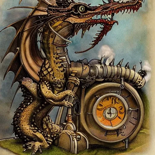 Prompt: a dragon with steam punk machine on it's side, book illustration, beatrix potter