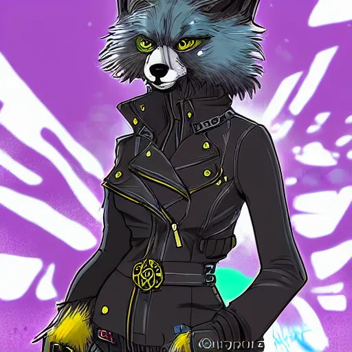 Image similar to beautiful furry art portrait digital art commission of a furry anthro wolf fursona wearing punk clothes in the streets of a cyberpunk city. character design by rick griffin, miles df