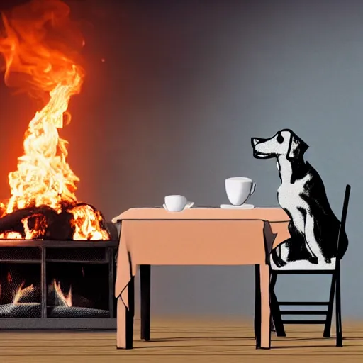 Prompt: a photograph of an human-like relaxed dog in his house, sitting at a table, ☕ on the table, room is on fire, surrounded by flames, a lot of flames behind the dog, smoke under the ceiling