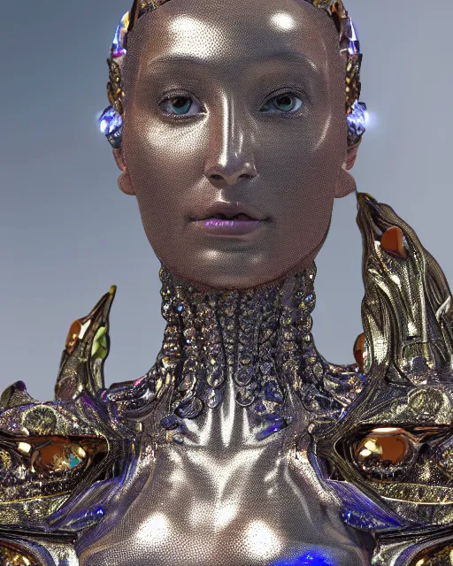 Image similar to a highly detailed metahuman 4 k close up render of an alien goddess bella hadid monument biblical accurate angel in iris van herpen dress schiaparelli in diamonds crystals swarovski and jewelry iridescent in style of alphonse mucha gustav klimt trending on artstation made in unreal engine 4