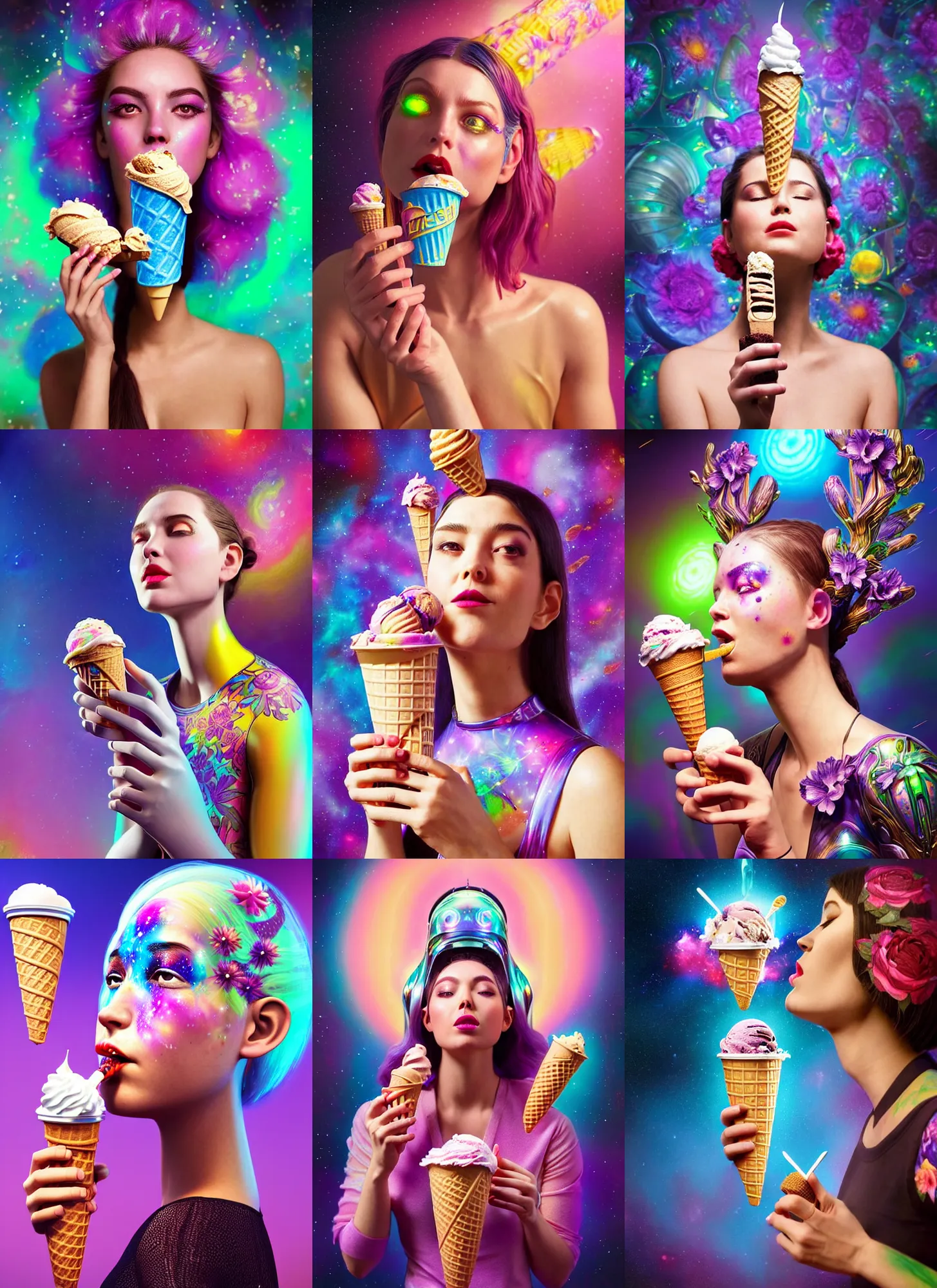 Prompt: polished lush galactic ornate floral edm cyborg woman drinking an ice cream cone : : weta disney pixar movie still photo : : hi - fructose, sci fi, decadent highly - detailed digital painting, golden ratio, octane render, artstation, smooth, sharp focus, beeple, artgerm mucha, loish, wlop : :