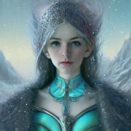 Image similar to a mid - shot portrait of a handsome snow elf with a bow in a turquoise cape and glittering silver ornate armor, pale skin, winter vibes, intricate, elegant, artgerm, tomasz alen kopera, greg rutkowski, alphonse mucha, concept art, sharp focus, octane render, cgsociety