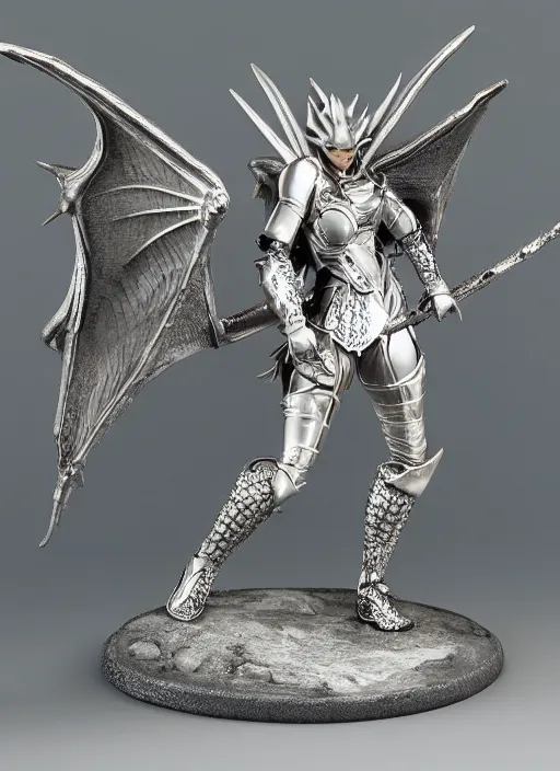 Prompt: 80mm, resin detailed model figure of a female wearing a silver dragon armor