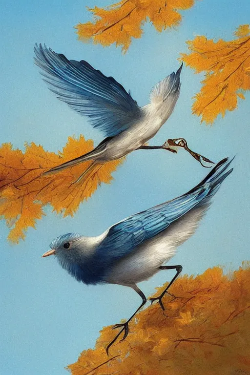 Image similar to meticulous painting, A small, delicate bird with pale blue plumage and long, skinny legs. It is hopping on the ground, searching for food. The background is a beautiful blue sky on a autumn day. by xue ji, bian luan, Ferdinand Knab, bob ross