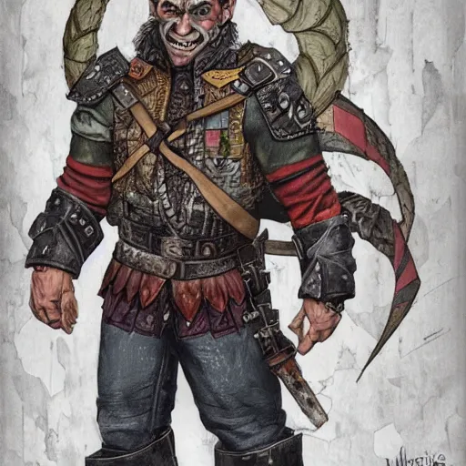 Prompt: a middle aged half orc with intelligent eyes, wearing a bemused fanged smile on his face. dressed in a patchwork military uniform jacket with cut sleeves, runic arm tattoos, digital painting, art by magali villeneuve