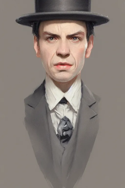 Image similar to a grey hair halfling with no beard top hat and suit by Greg Rutkowski, painting, portrait, HD, high details, trending on artstation