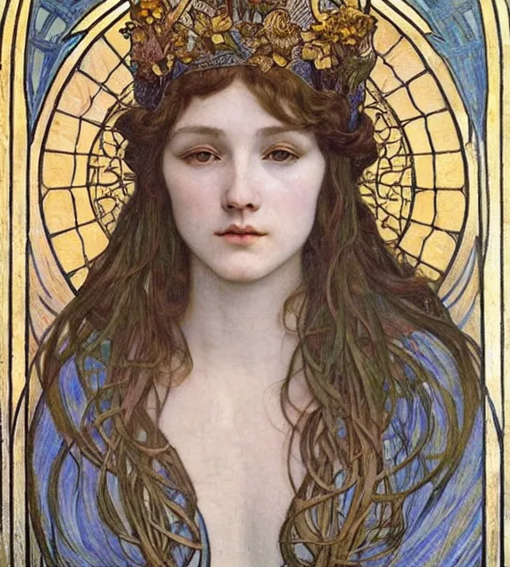 Image similar to detailed realistic beautiful young medieval queen face portrait by jean delville, alphonse mucha, vincent van gogh, and marco mazzoni, art nouveau, symbolist, visionary, gothic, pre - raphaelite