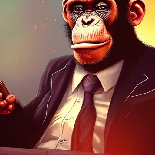 Image similar to a chimp wearing a suit smoking a cigar, dramatic lighting, cinematic, establishing shot, extremly high detail, photorealistic, cinematic lighting, artstation, style by James Gurney