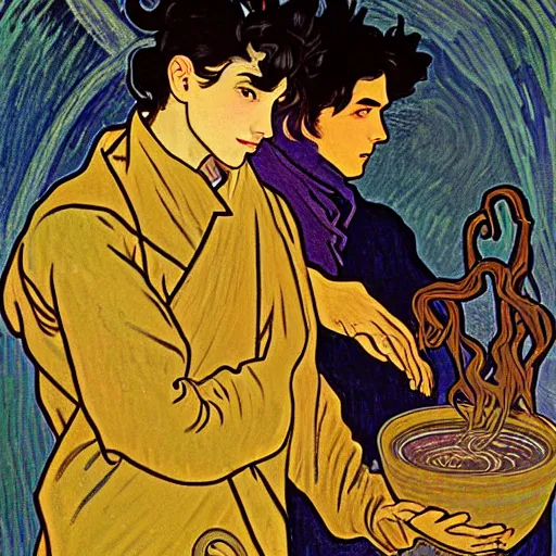 Prompt: painting of young cute handsome beautiful dark medium wavy hair man in his 2 0 s named shadow taehyung and cute handsome beautiful min - jun together at the halloween witchcraft ritual using bubbling cauldron, spells, autumn colors, elegant, stylized, soft facial features, delicate facial features, art by alphonse mucha, vincent van gogh, egon schiele