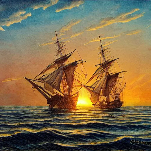 Image similar to medieval ship on the sea, sunset, painting style claude gellee