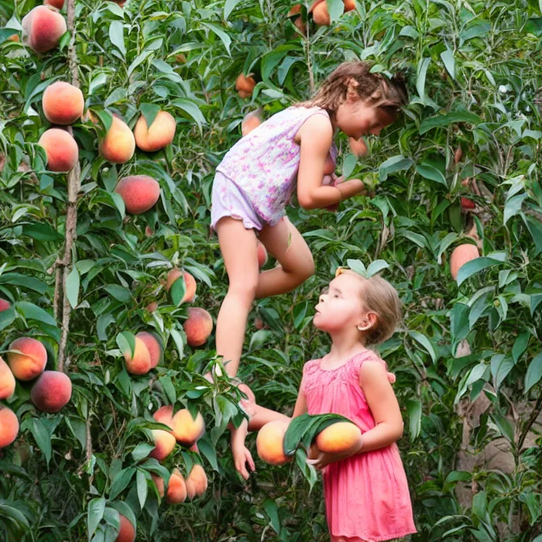 Image similar to a little girl picking peaches on another planet