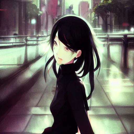 Prompt: anime girl wearing a black dress, anime style, gorgeous face, by makoto shinkai, by wenjun lin, digital drawing, video game art, soviet city