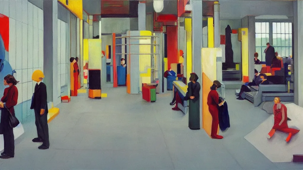 Prompt: seeral people waiting in bus stop with colorful minimalist industrial interior hallway with monolithic pillars in the style of ridley scott and stanley kubrick, impossible stijl architecture, bed of flowers on floor, ultra wide angle view, realistic detailed painting by edward hopper