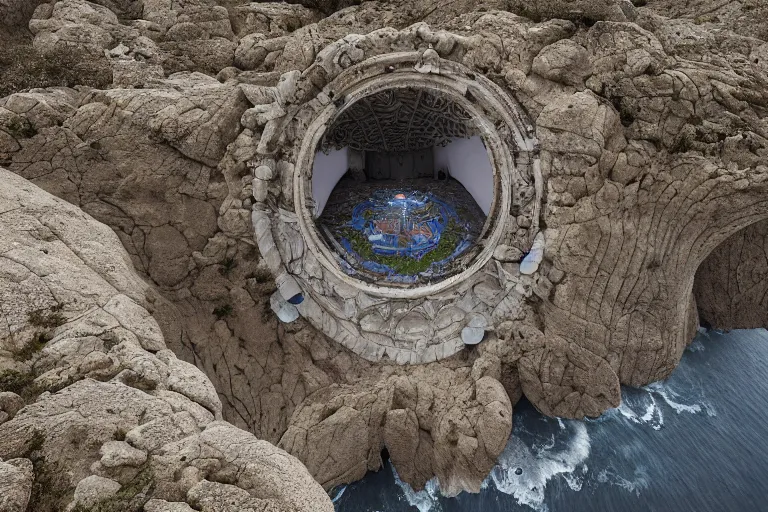 Prompt: photograph by michal karcz of a gigantic paleolothic sphere made of stone with highly detailed carvings by moebius of intricate shamanic robotic electronics and circuits, in a mediterranean lanscape, inside a valley overlooking the sea, mediterranean island scenery, mediterranean vista