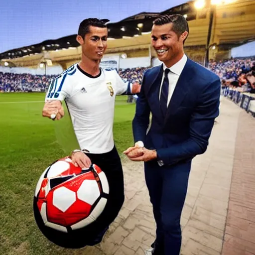 Image similar to cristiano ronaldo bringing his priceless soccer ball to the antiques roadshow,