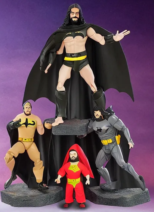 Image similar to Jesus vs the Batman in the flying sandals of salvation action figures toy pack