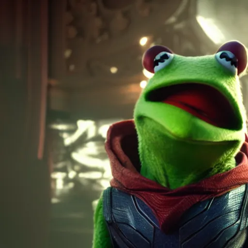 Image similar to a still of kermit the frog as doctor strange on avengers endgame, octane render, unreal engine 5, high quality, highly detailed, close up photo, 8 k