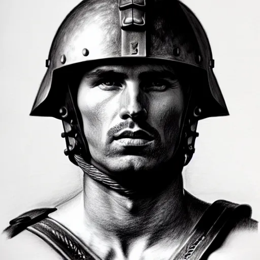 Prompt: portrait of roman legionary in a helmet, tom finland, bouguereau, pencil drawing