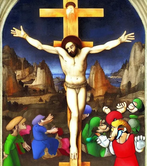 Image similar to mond crucifixion by raphael with mario!!!!!! and luigi!!!!!, nintendo