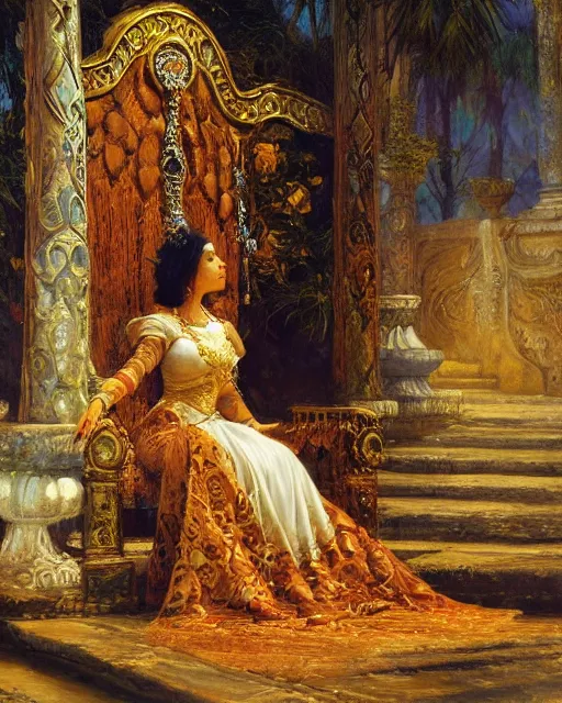 Image similar to an illustration of a queen on a throne at night by frederick arthur bridgman, realistic, detailed, oil painting, 1 9 th