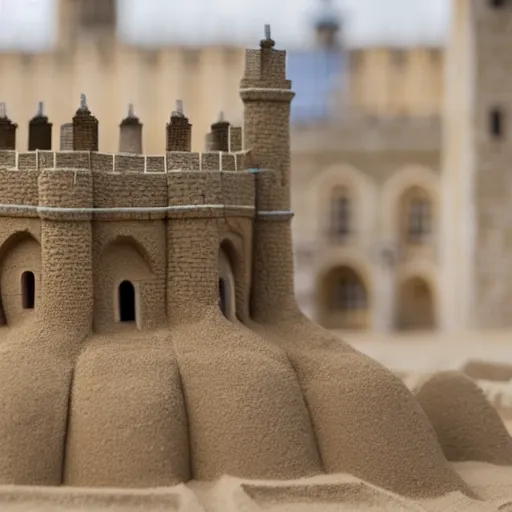 Prompt: full - size changing of the guard inside tower of london sandcastle, tiltshift