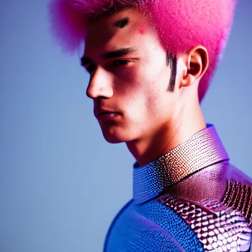 Image similar to a portrait of a beautiful young male wearing an alexander mcqueen armor made of pink and blue ombre metal , photographed by andrew thomas huang, artistic