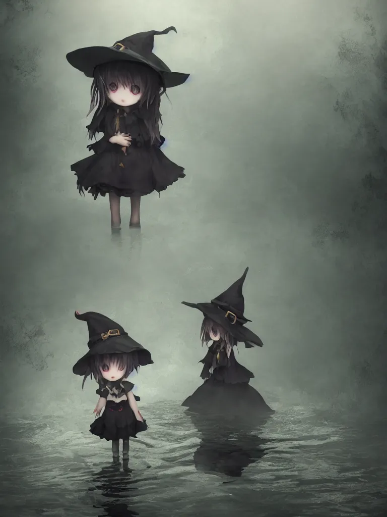 Image similar to cute fumo plush girl witch standing in reflective murky river water, gothic horror maiden in tattered cloth, volumetric fog and smoke in hazy abyss, light shafts shining through the dusky light, moonglow, lens flare, chibi anime, vray