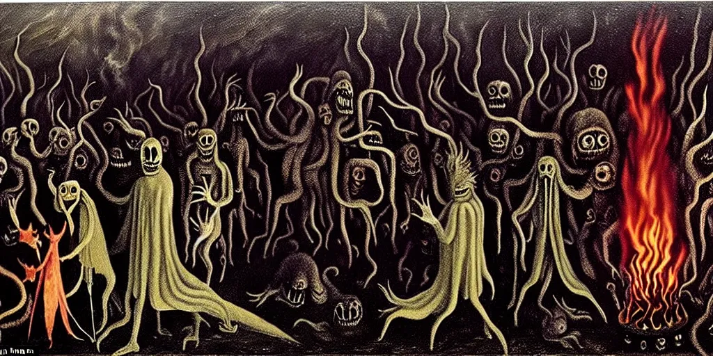 Prompt: repressed emotion creatures and monsters at the mouth of hell, dramatic lighting glow from giant fire, attempting to escape and start a revolution, in a dark surreal painting by leonora carrington